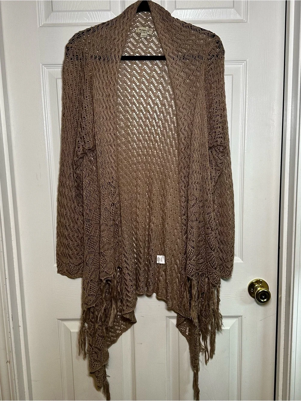 One World Crochet Fringe Shawl Open Front Longline Cardigan Womens XL Boho